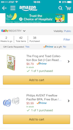 AmazonアプリのBaby Registryウィッシュリスト画面