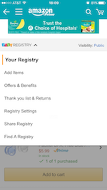 AmazonアプリのBaby RegitstryのYour Registry画面