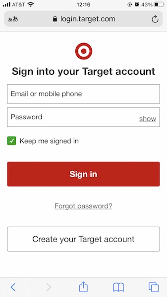 Target.comのアカウントログイン画面